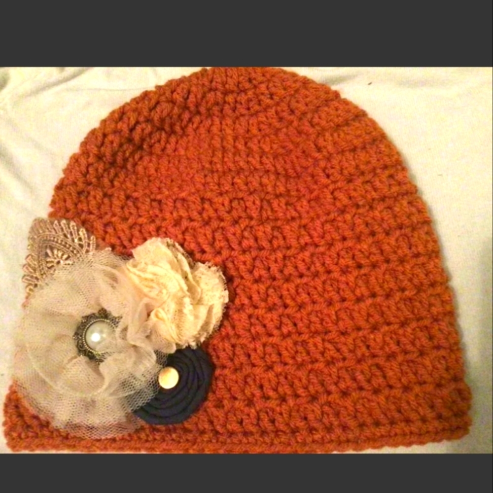 Burnt pumpkin Embleshed Beanie with Navy and Tan Flowers